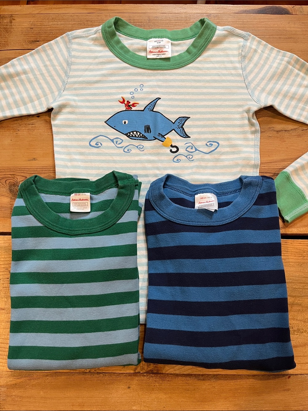 Set/3 HANNA ANDERSSON 140 Classic Stripe Pirate Shark Organic PJs Baselayer Tops